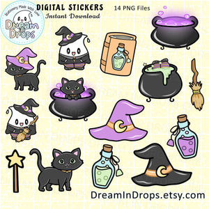 Digital halloween stickers, printable cute Halloween planner stickers, kawaii halloween, kawaii witch, kawaii cute black cat, magic stickers
