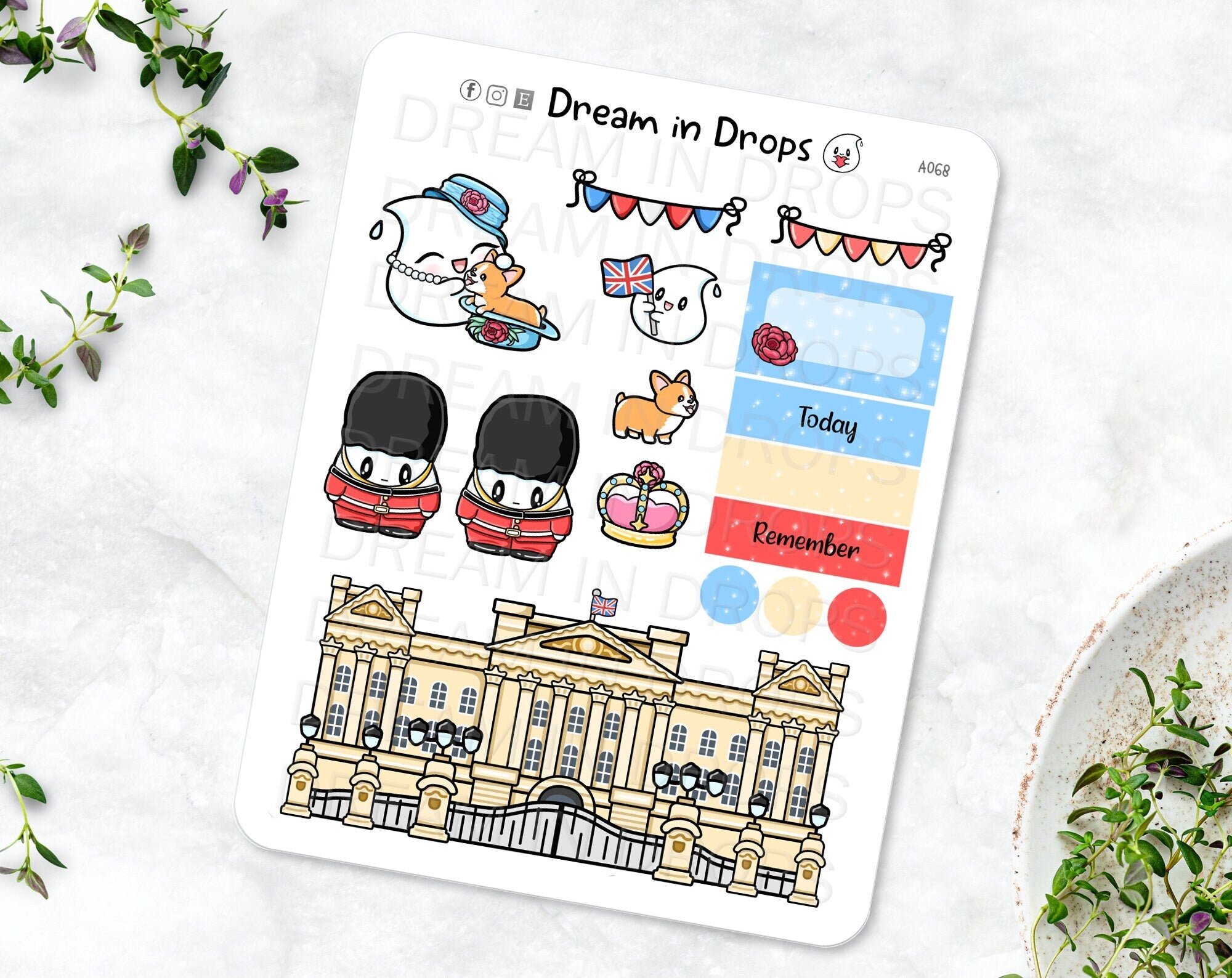 Queen tribute sticker, cute england sticers, Cute london stickers, palace stickers, kawaii london, cute corgi stickers, royal guard sticker